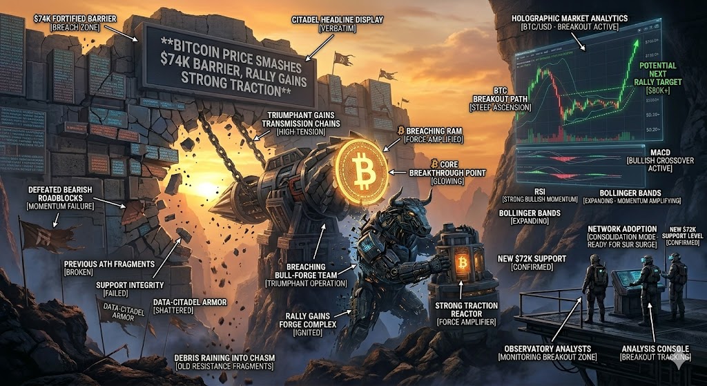 Bitcoin kaina numuša 74 tūkst. USD barjerą, ralis įgauna stiprią trauką